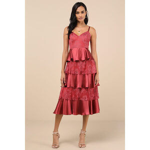 Lulus Deanna Rusty Rose Lace Satin Tiered Midi Dress Pink - Size M